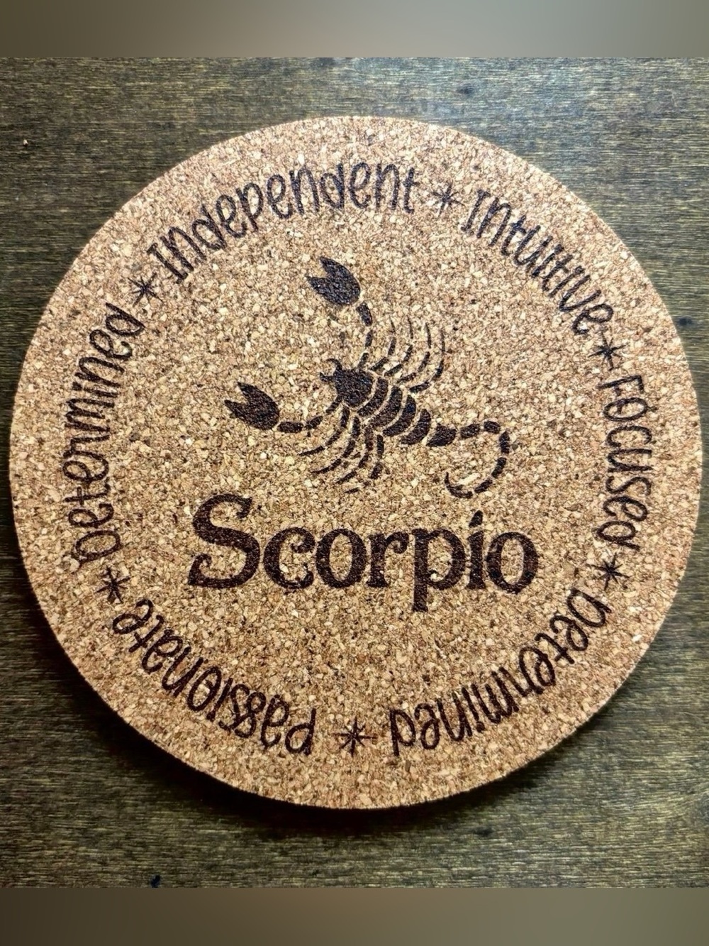 Scorpio Zodiac Sign Encircled Laser Engraved Cork Coaster